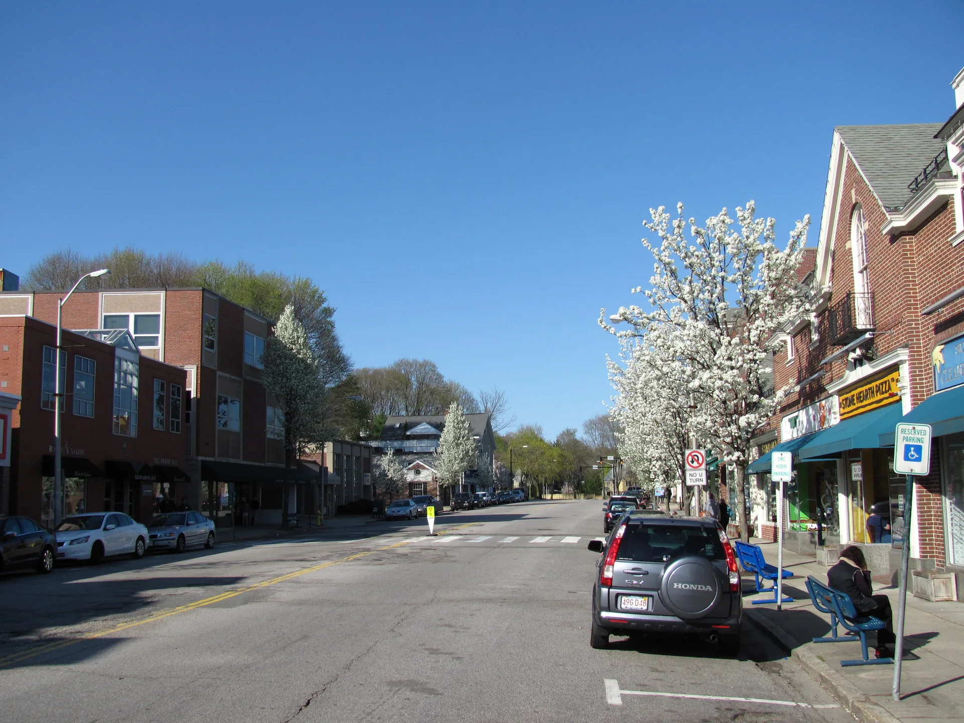 Leonard Street in Belmont Center, Massachusetts, with shops and flowering trees